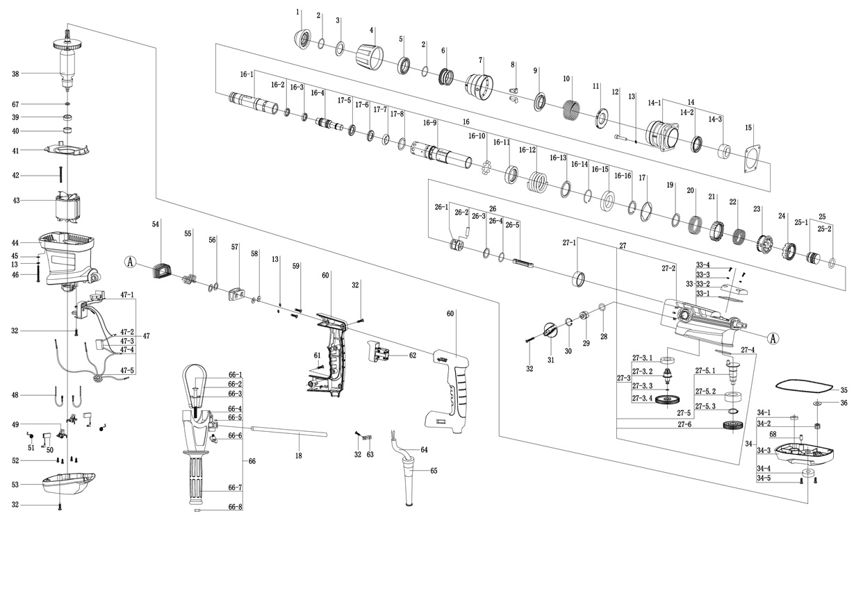 STEHER 40 мм, 1250 Вт, перфоратор SDS-Max (HD-40-1250 MAX) - разборная схема